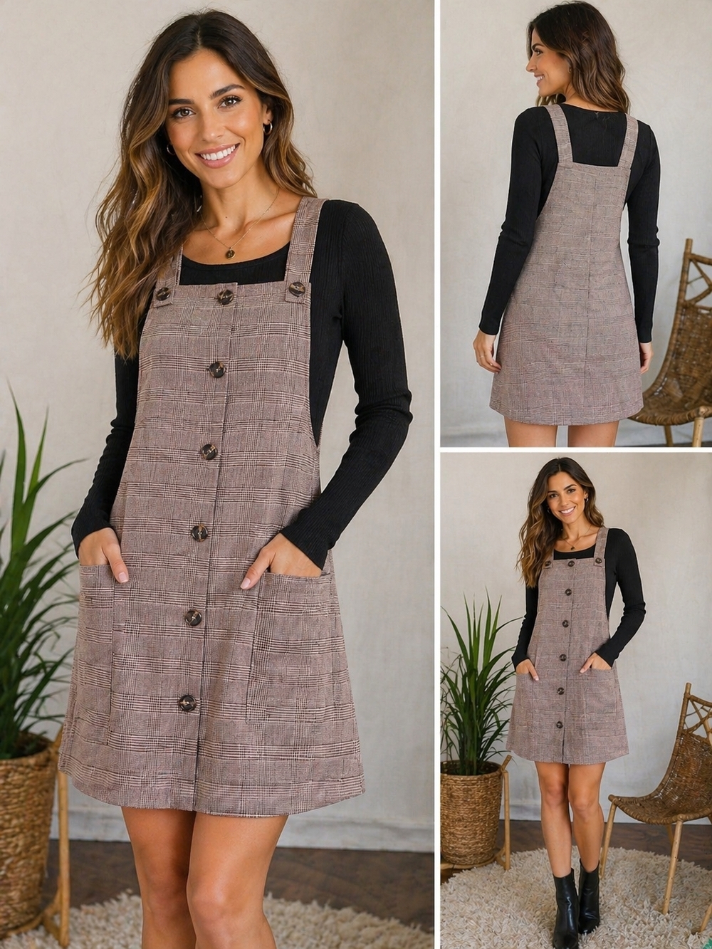 Plaid Button-Front Pinafore Dress in Taupe - Women